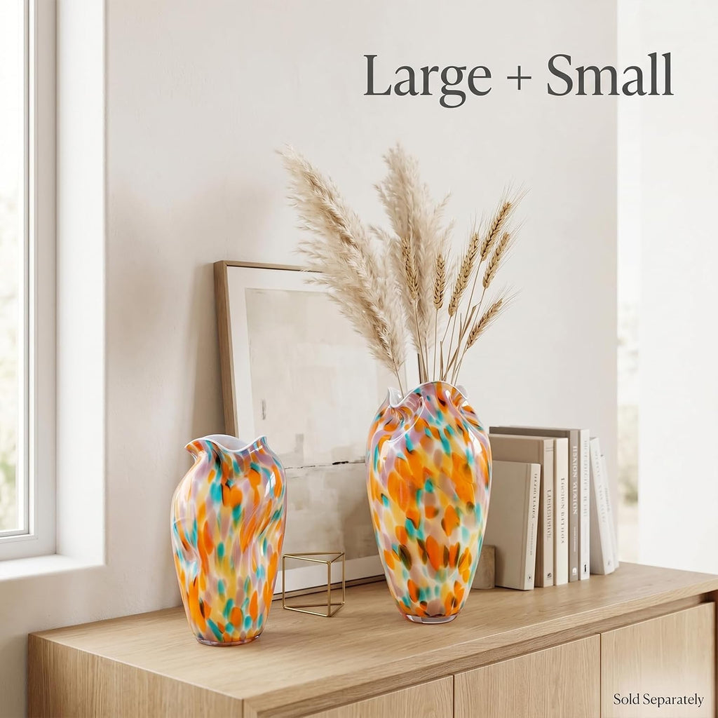 Murano Style Glass Vase, Hand Blown Decorative Art Vase with Ruffled Opening for Flowers, Shelf Tabletop Mantel