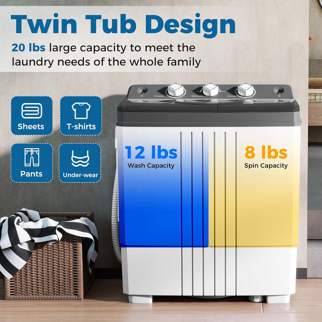Portable Washing Machine, Twin Tub 20 Lbs Capacity with Drain Pump, Laundry Washer 12 Lbs and Spinner 8 Lbs with Timer