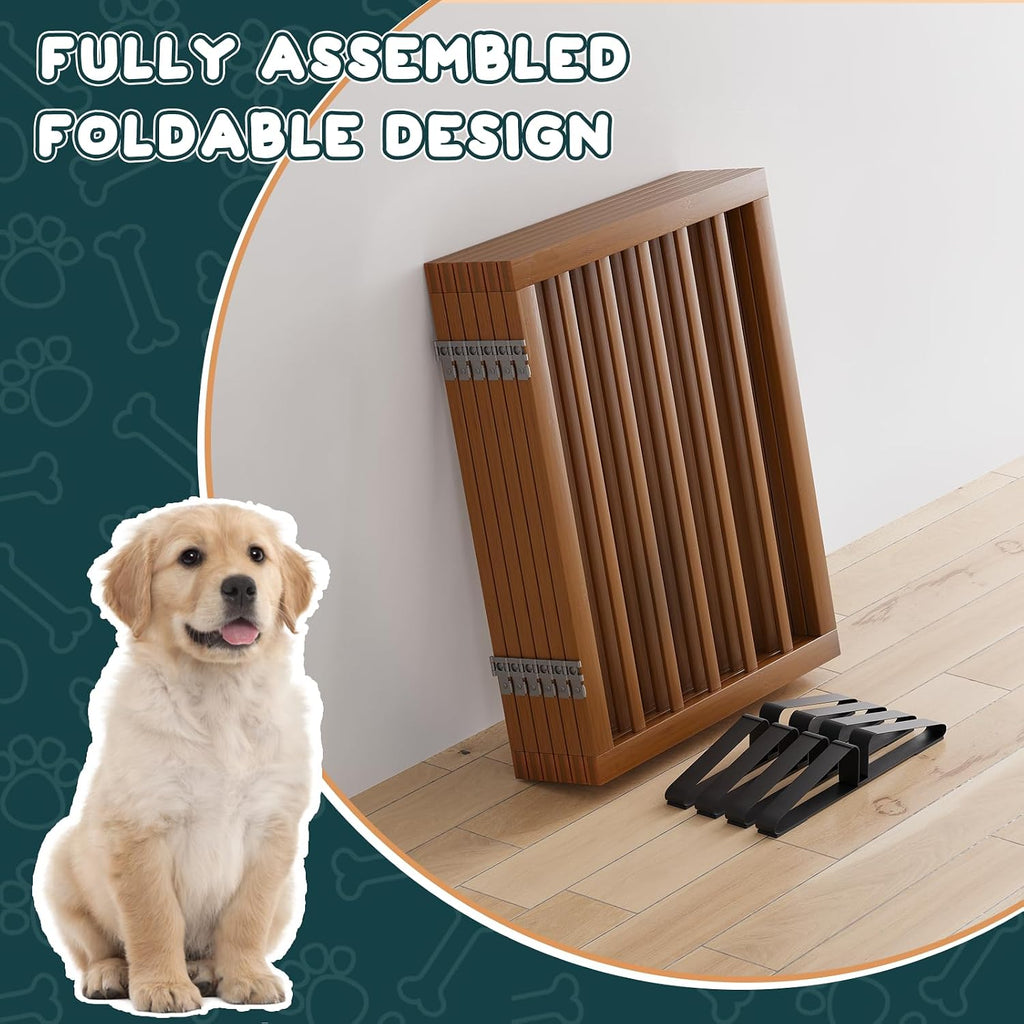 Walnut Dog Gates for Doorways, 6-Panel Freestanding Dog Gate Indoor for the House Stairs, 24" H Foldable Wooden Pet