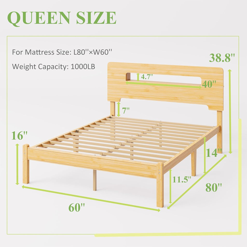Solid Bamboo Wood Queen Bed Frame with Storage Headboard, 14 inch Platform Bed Frame Queen No Box Spring Needed with