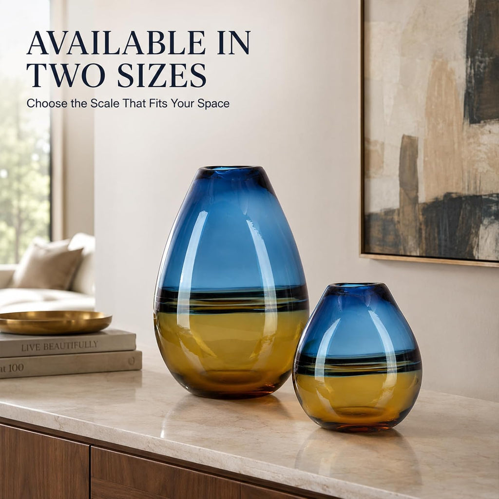 11.8in H Hand Blown Glass Vase,Murano Style Blue and Amber Gradient Sea Art