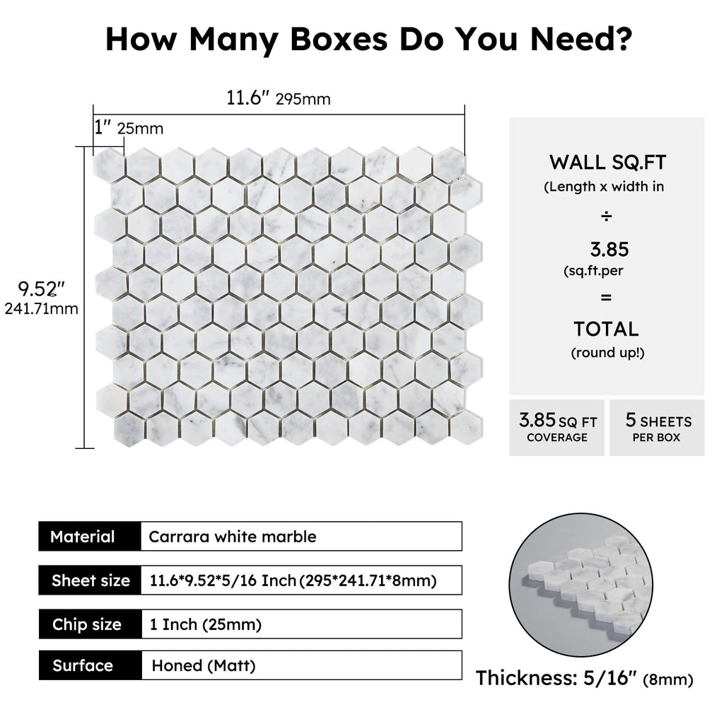 White Marble Mosaic Tile,1 Inch Hexagon, Honed, 5 Sheets