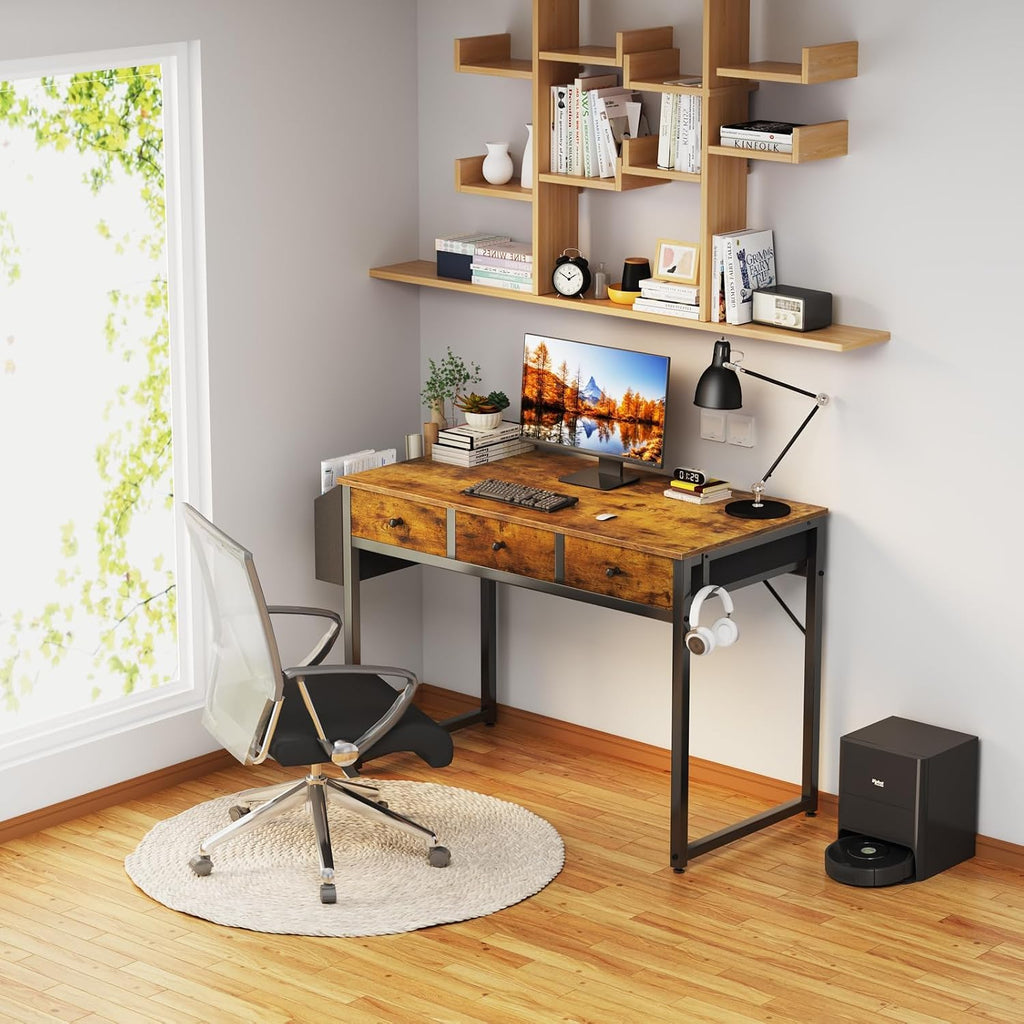 40 Inch Desk with Drawers - 39 Inch Home Office Desks with 3 Fabric Storage Drawer and Pocket, Study Writing Table