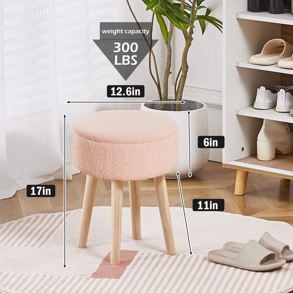 Storage Ottoman Foot Stool Teddy Velvet Round Vanity Stool Tray Top Footstool with Wood Legs Upholstered Foot Rest