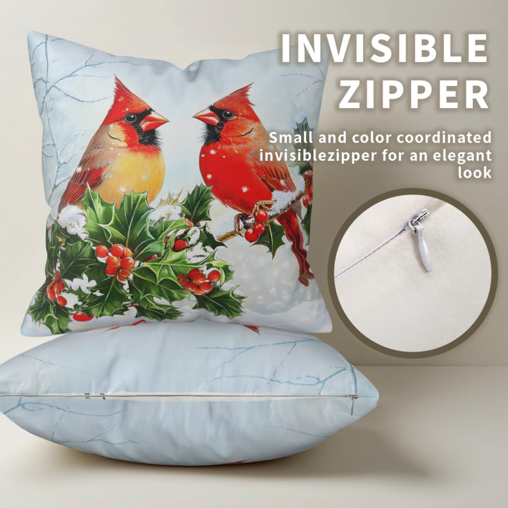Cardinal Birds Pillow Covers Winter Throw Pillow Covers 20x20 Set of 2 Red Birds Holly Berry Pillow Case Christmas