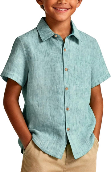 Boy Button Down Chambray Shirts Short Sleeve Linen Shirt