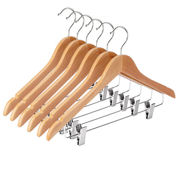 Wooden Hangers with Clips 24 Pack Wooden Pants Hangers, Skirt Hangers with Adjustable Clips, Hangers for