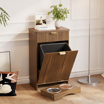 Tilt-Out Trash Cabinet with Dog Feeding Station, Pet Food Storage, Walnut