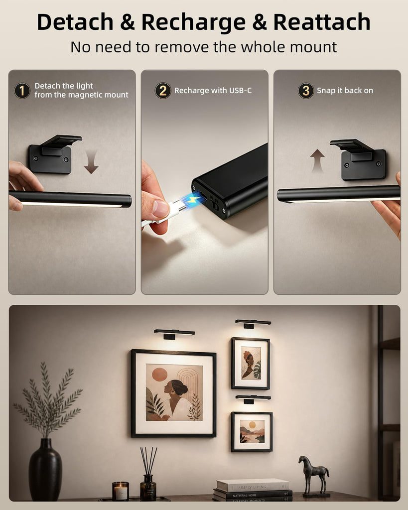 Picture Light for Wall, Rechargeable 2400mAh Lights Wireless with IR Remote, 3 Color & Dimmable Magnetic 7.8'' LED