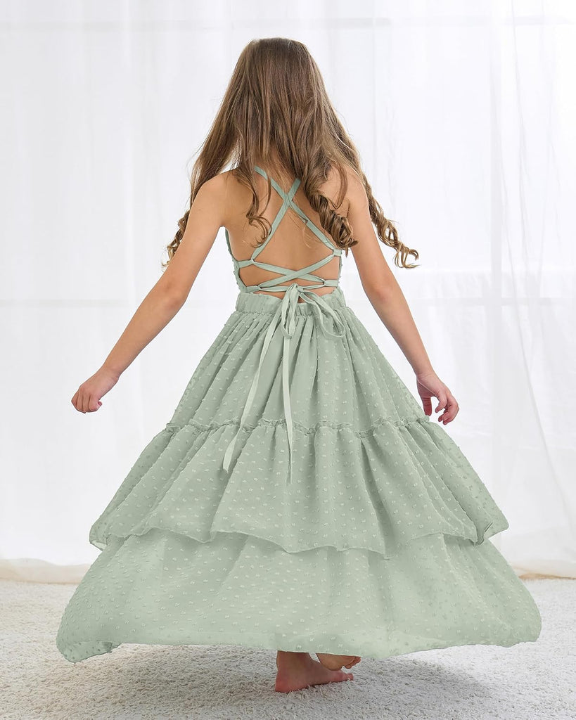 Boho Flower Girl Dresses Swiss Dot Chiffon Girls Backless Dress Beach Wedding Flowy Summer Maxi Gown