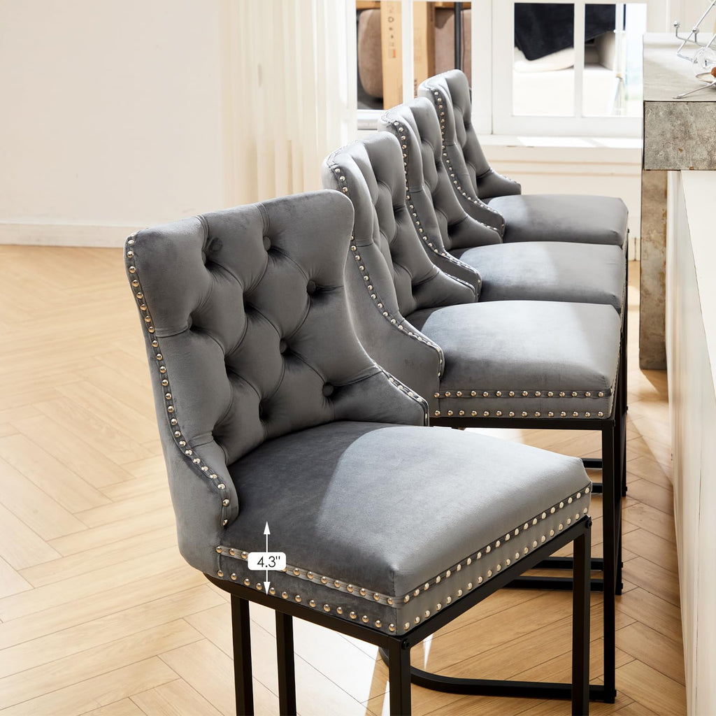 Counter Height Bar Stools Set of 2, 26" Modern Barstools with Back, Velvet Upholstery Counter Chairs with Metal Legs