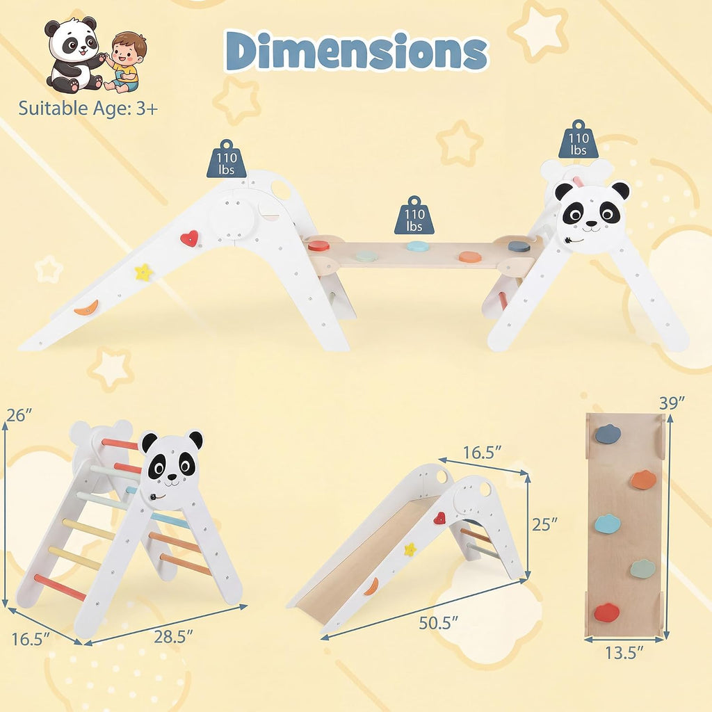 Triangle Set, Panda-Themed Montessori Toddler Climbing Toys Indoor with Ladder, Tunnel, Slide, Ramp, Fun Blocks