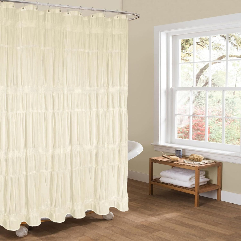 Beige Shower Curtain Rustic Farmhouse Shower Curtain 72 x 72 | Cotton-blend fabric, pinched pleats, textured woven