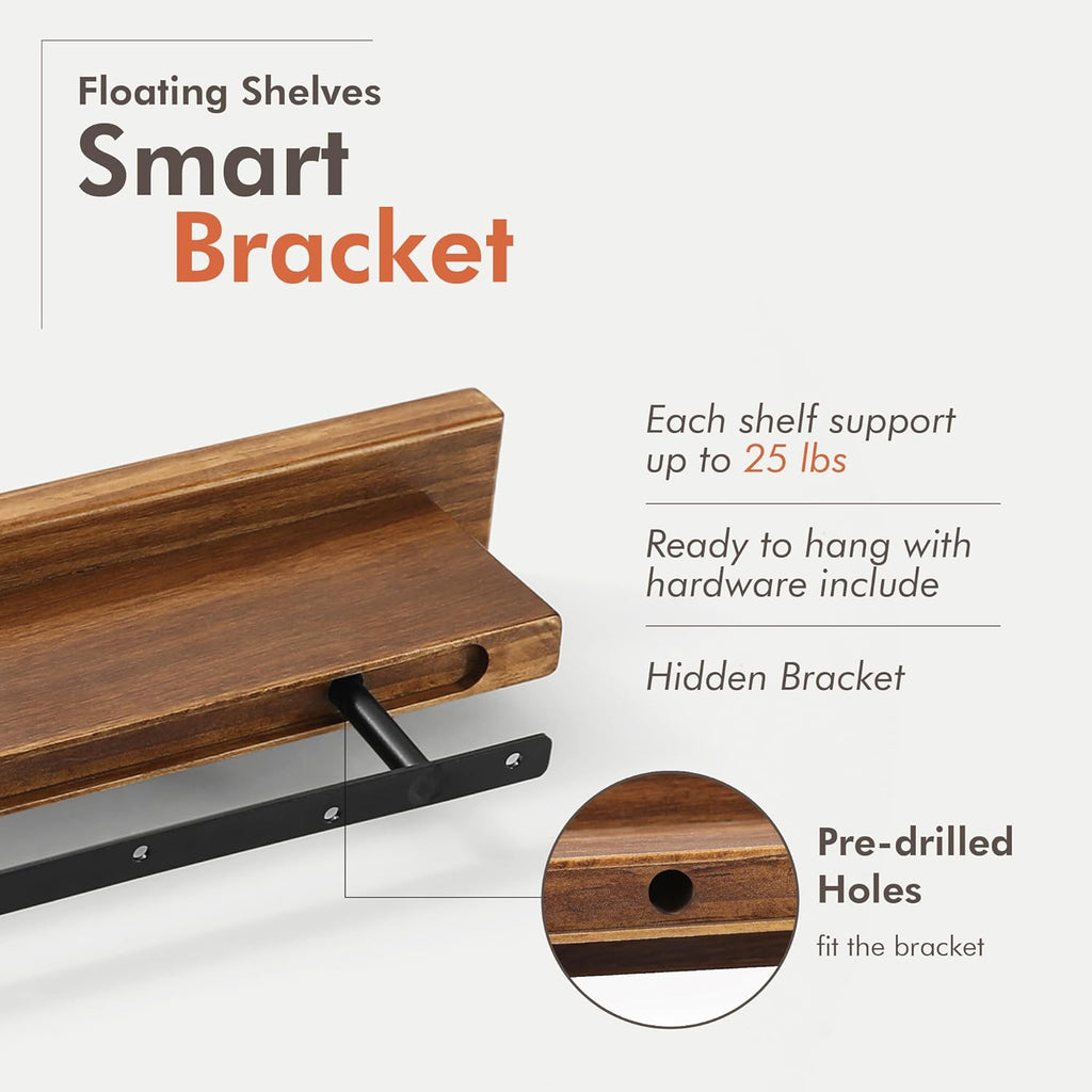Wood Floating Shelf Set of 2, 4.5D x 15W Inch Modern Reversible Wall Shelves, Minimalism Wall Mount Hardwood Shelves
