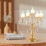 15.3in Gold Candelabra Centerpieces for Tables, 5 Arm Crystal Candelabra for Pillar Candles, Metal Candelabra Candle