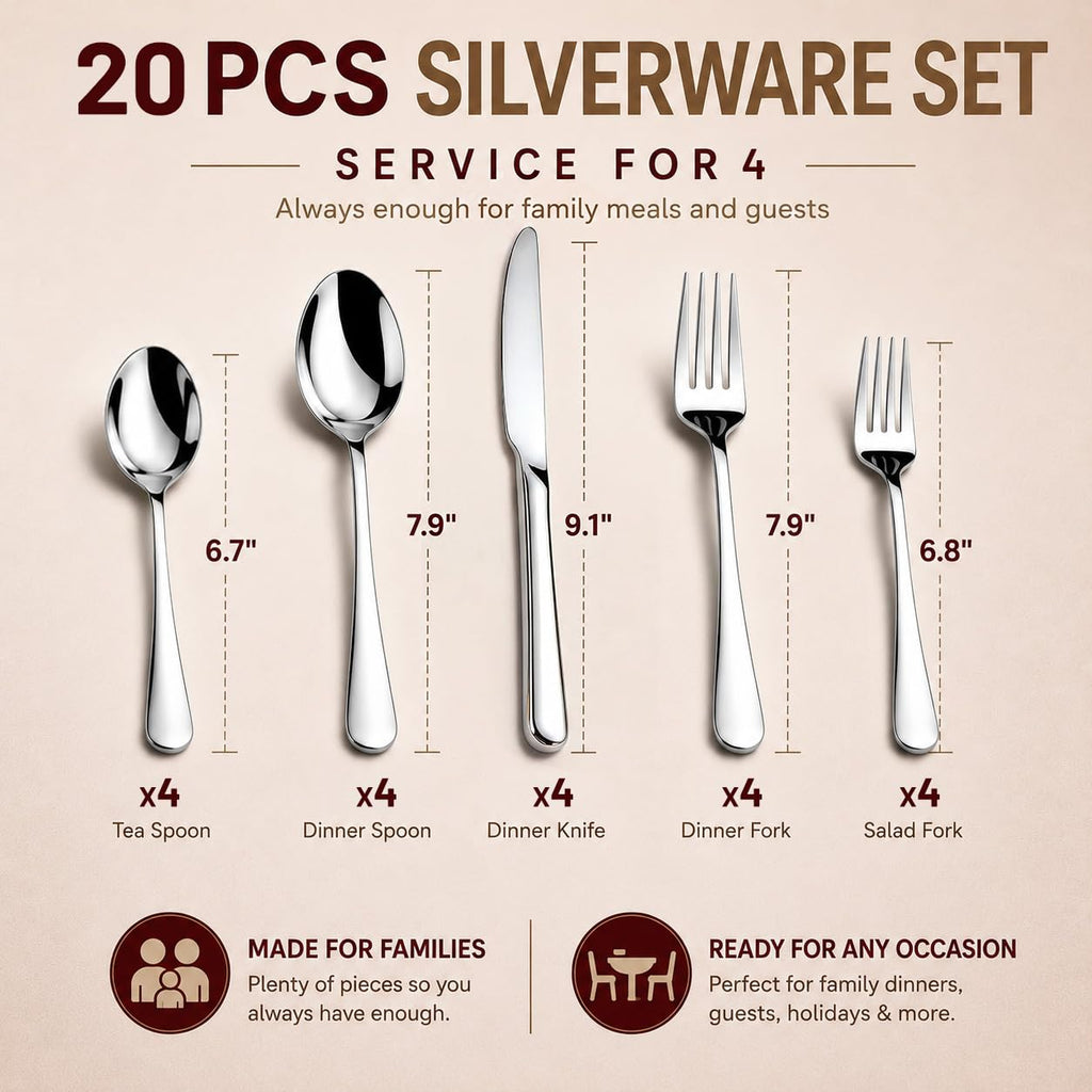 20-Pc Silverware Set for 4, Heavy Duty Stainless Steel Flatware Set