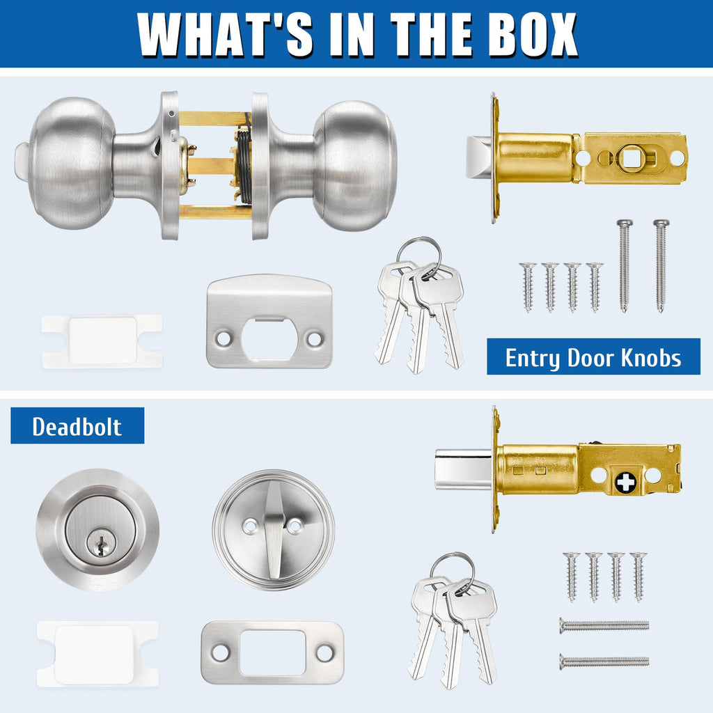 2 Sets Entry Door Knob and Single Cylinder Deadbolt Combo Set, Keyed Alike