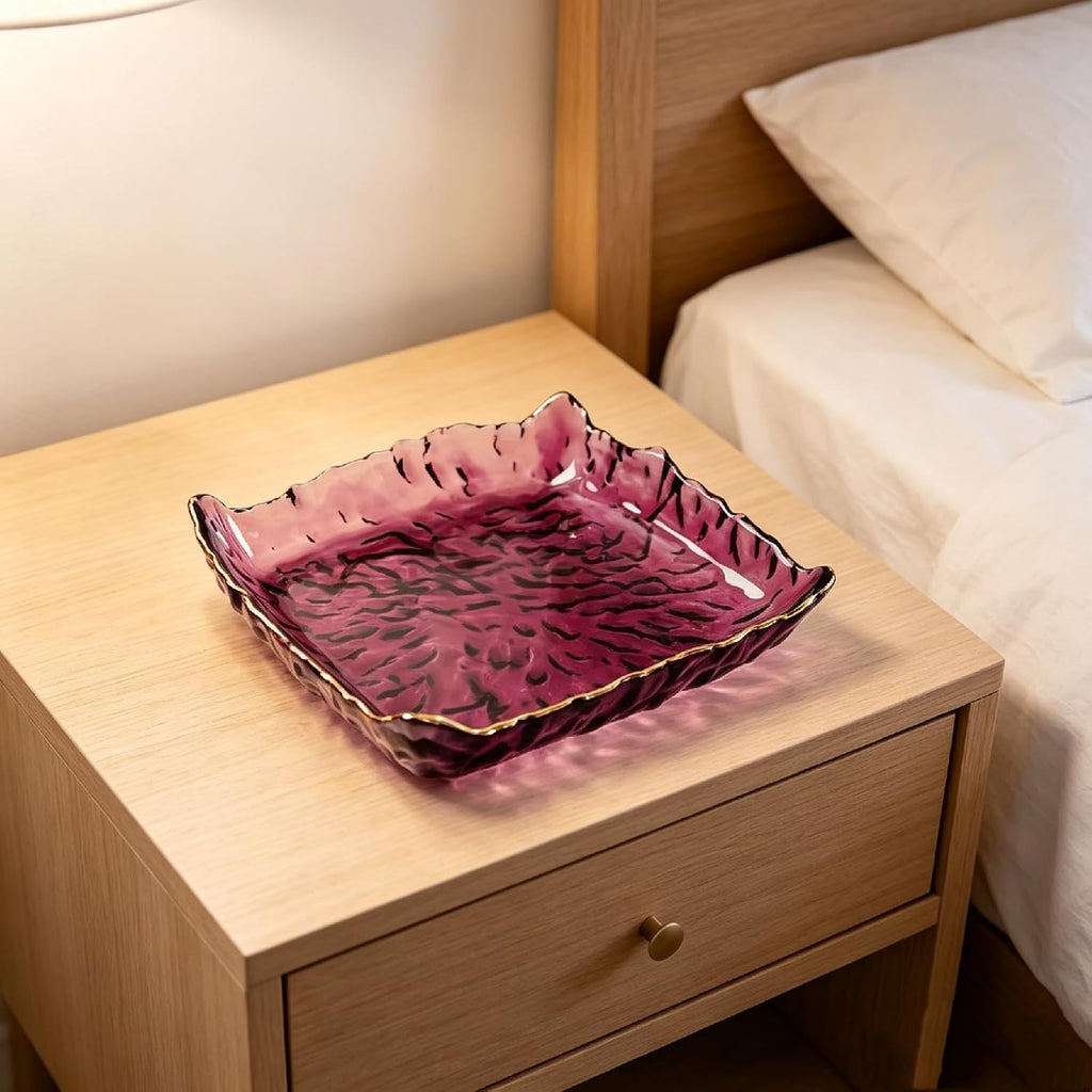Vintage Purple Glass Jewelry Tray with Gold Rim - 6.1"Square Frosted Glass Trinket Dish Catchall Tray for Rings