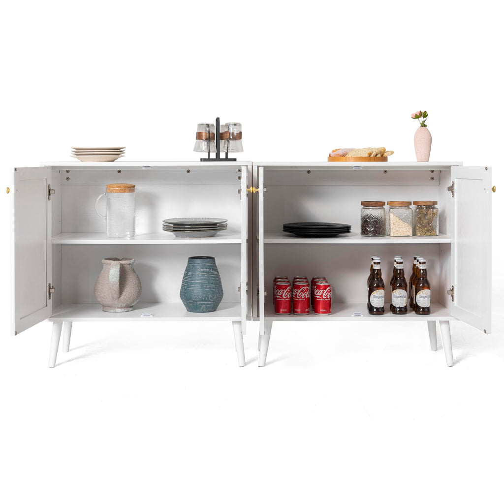 Boho Accent Storage Cabinet with Rattan Doors, Wood Grain Sideboard Buffet with Adjustable Shelves, Coffee Bar, White