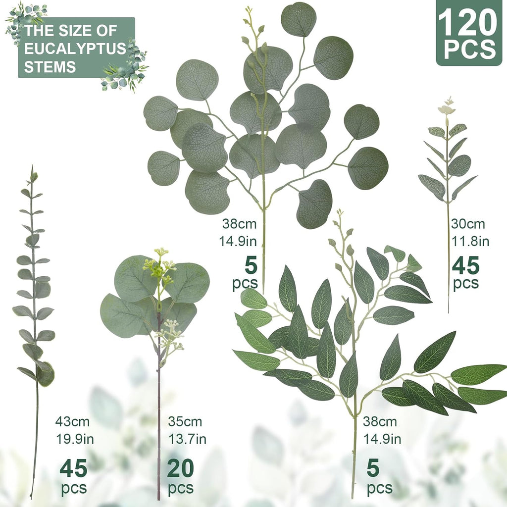 Artificial Mixed Eucalyptus Stems Bulk,5 Kinds Faux Greenery Silver Dollar Eucalyptus Leaves Picks for DIY - Set of 120