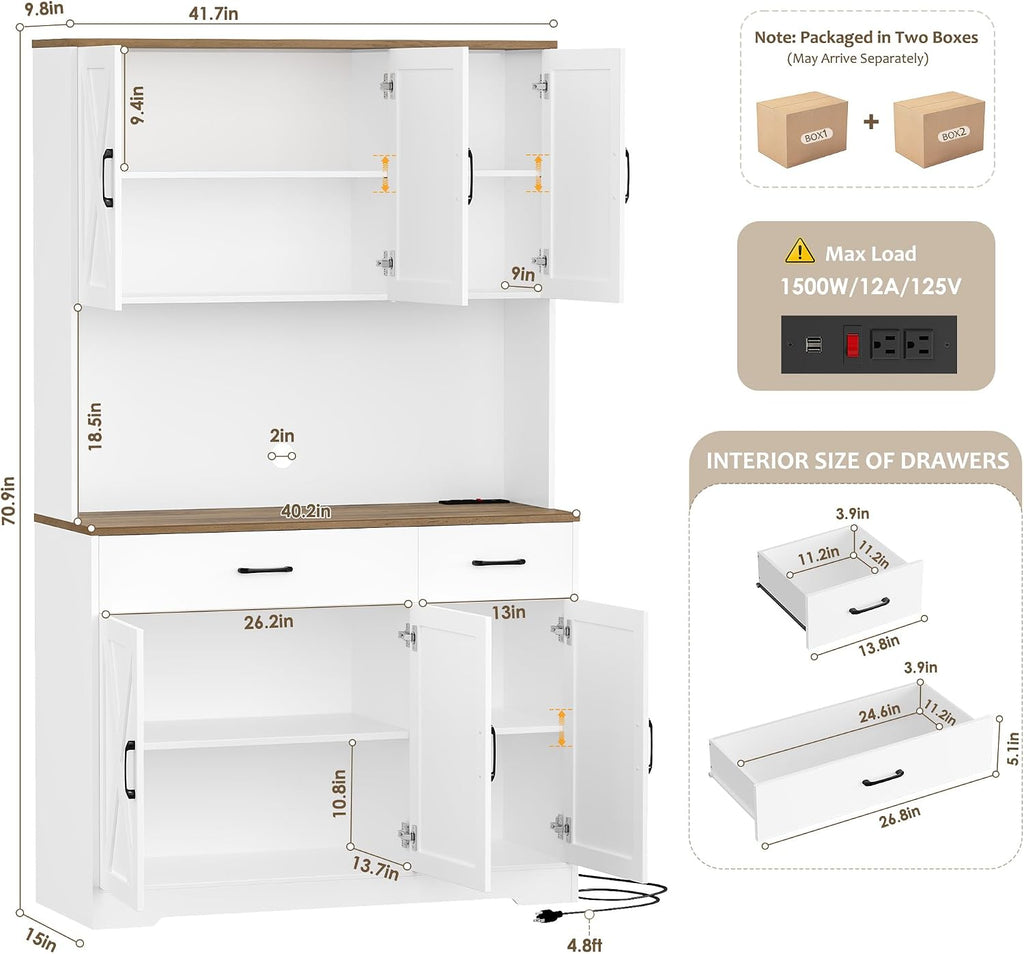 71"H Kitchen Pantry Storage Cabinet, Farmhouse Hutch Cabinet, White | Space-Saving Pantry Cabinet with Charging