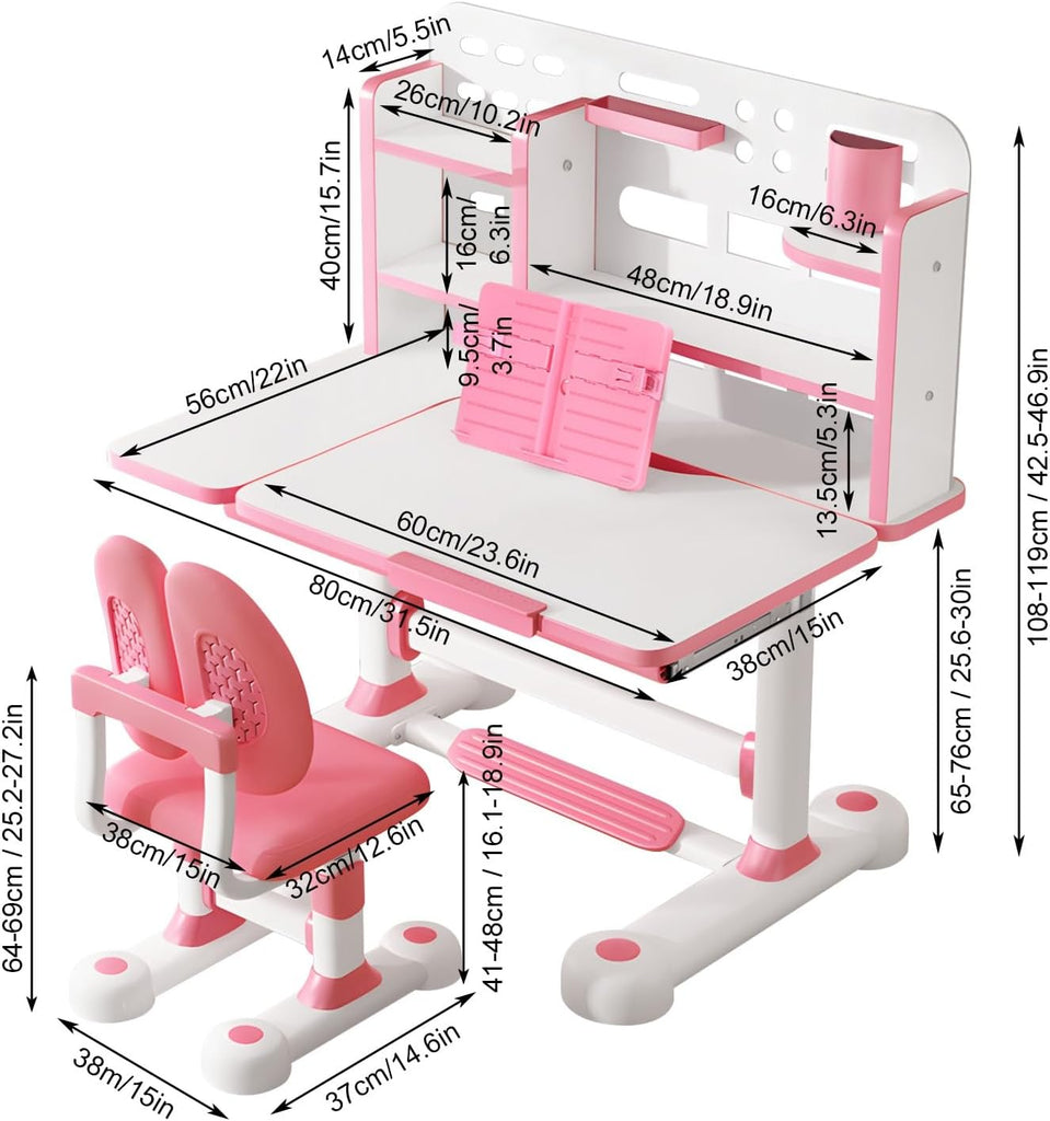 Kids Desk and Chair Set, Adjustable Height & Tilting Desktop Girls Desk