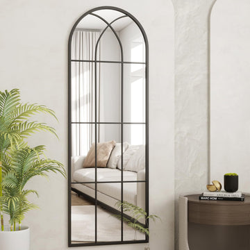 Arched Full Length Mirror, 65"x 22" Windowpane Floor Mirror, Black