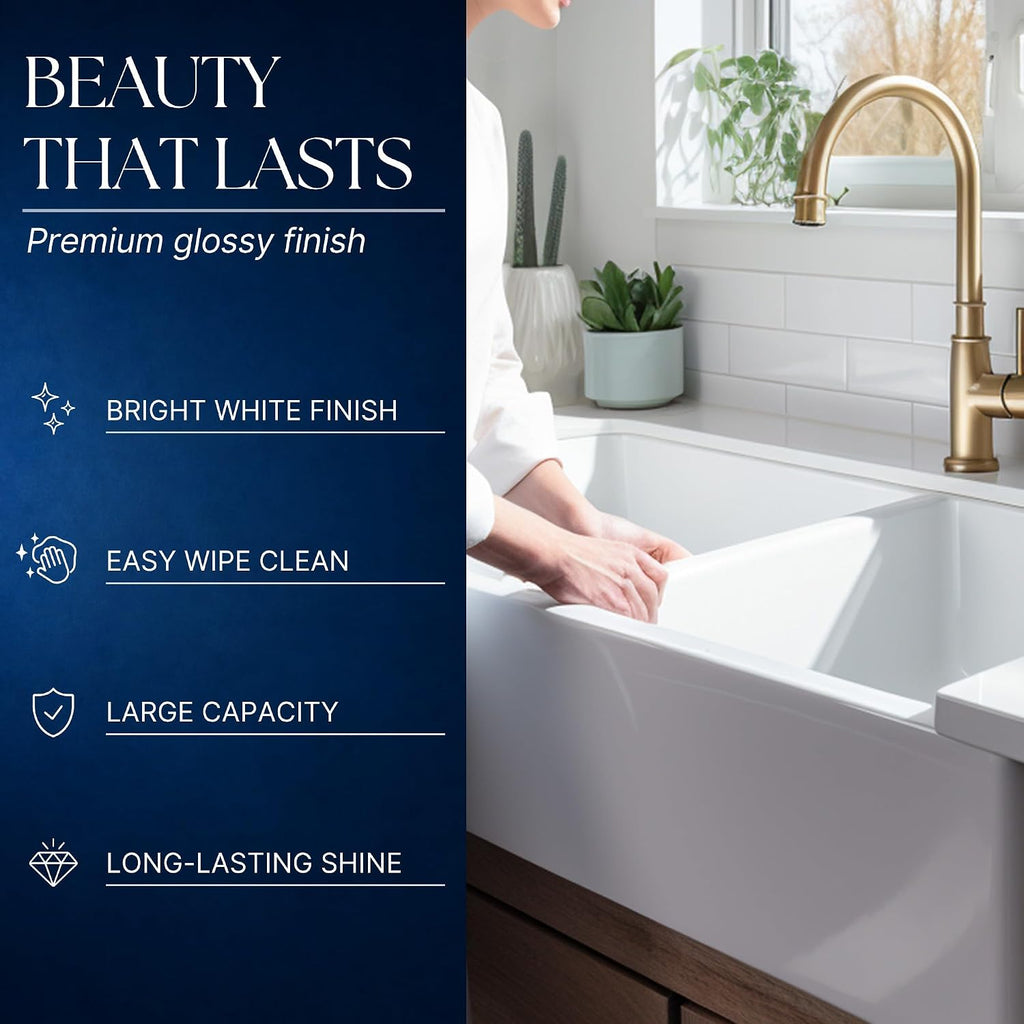 Turner 33 in White Fireclay Farmhouse Sink, Double Bowl | SureFire chip-resistant glaze, apron front undermount