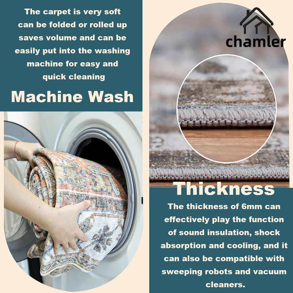 Washable Area Rug Boho Chic Medallion Distressed Design Non-Shedding Easy Care Ideal for High Traffic Areas in
