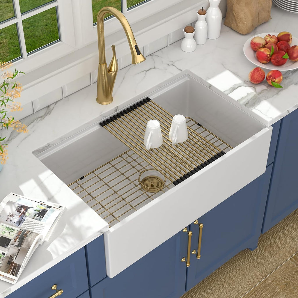 33 Inch White Farmhouse Kitchen Sink Workstation Fireclay Porcelain Ceramic Apron Front Farm Sink Deep Single Bowl