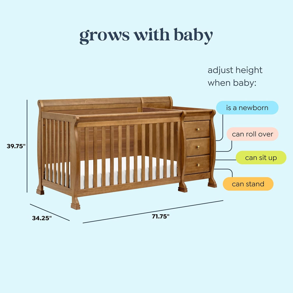 Kalani 4-in-1 Convertible Crib and Changer Combo in Chestnut | GREENGUARD Gold Certified, Converts to Toddler Bed