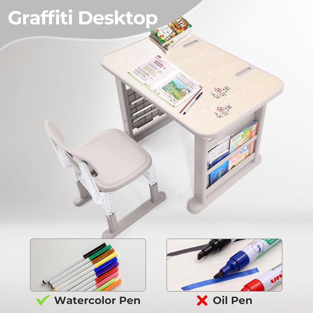 Kids Desk & Chair Set, Height Adjustable, Graffiti Desktop, Grey