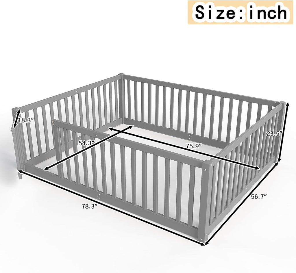 Full Size Kids Montessori Floor Bed with Door,Solid Wood Floor Bed Frame with High Fence for Girls,Boys,Gray