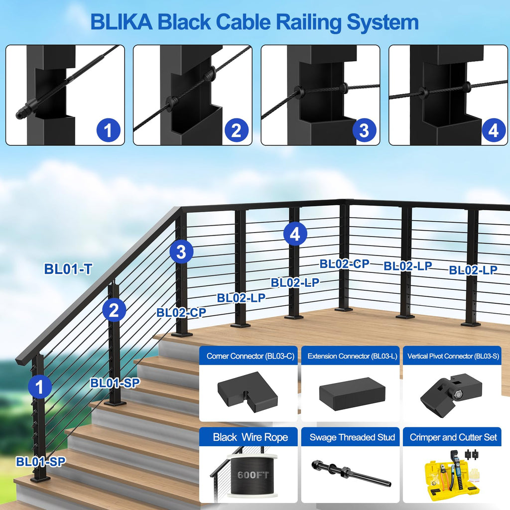 4 Pack Extension Connectors with Screws, Black Flat Handrail Accessories for Cable Railing Handrail, POM Handrail