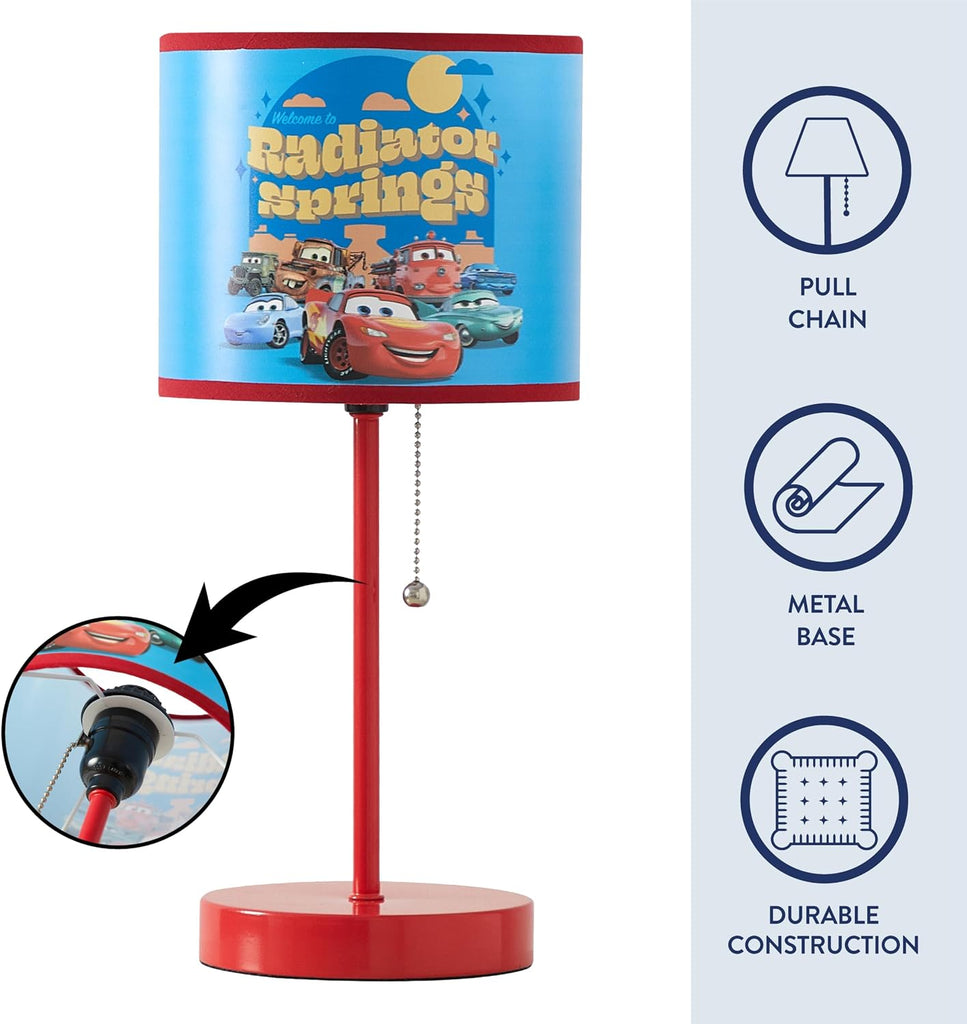 Table Lamp for Kids, Stick Lamp with Printed Shade & Pull Chain, Bedroom or Nursery Nightstand Lighting,Cars
