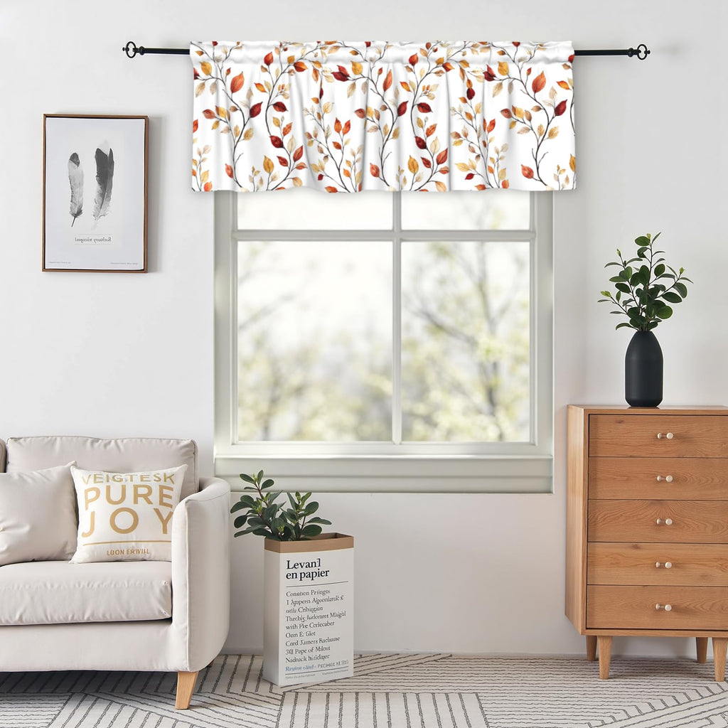 Fall Valances for Windows Brown Eucalyptus Leaves Print Kitchen Curtain Farmhouse Rustic Widow Valance with Rod