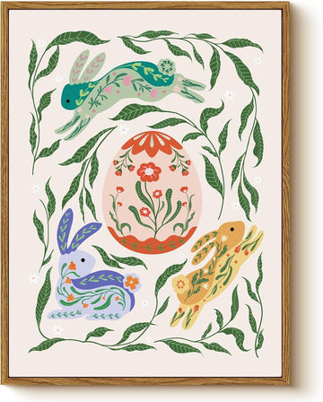Easter bunny wall art framed canvas spring rabbit print floral egg artwork nursery decor kids room woodland animal