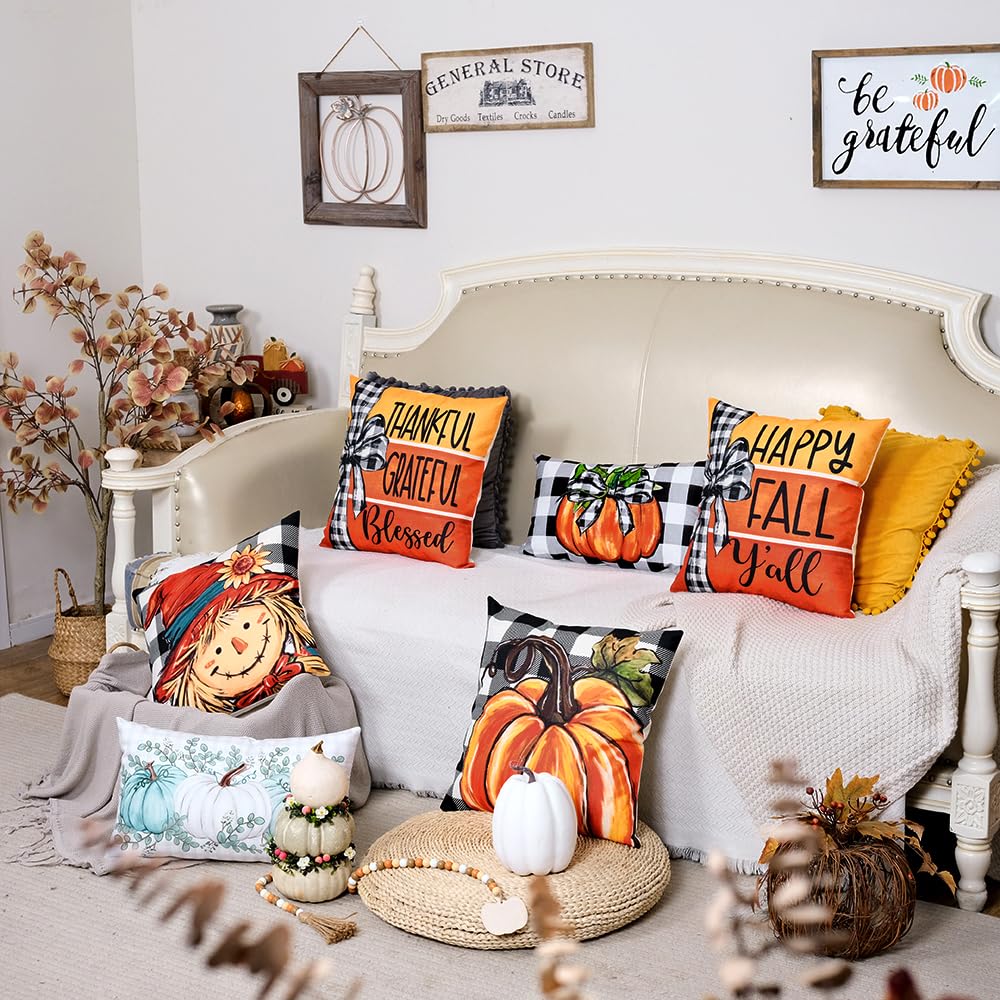 Fall Throw Pillow Covers 20x20 Inch Set of 4, Pumpkin Scarecrow Buffalo Plaid Orange Autumn Seasonal Decorative