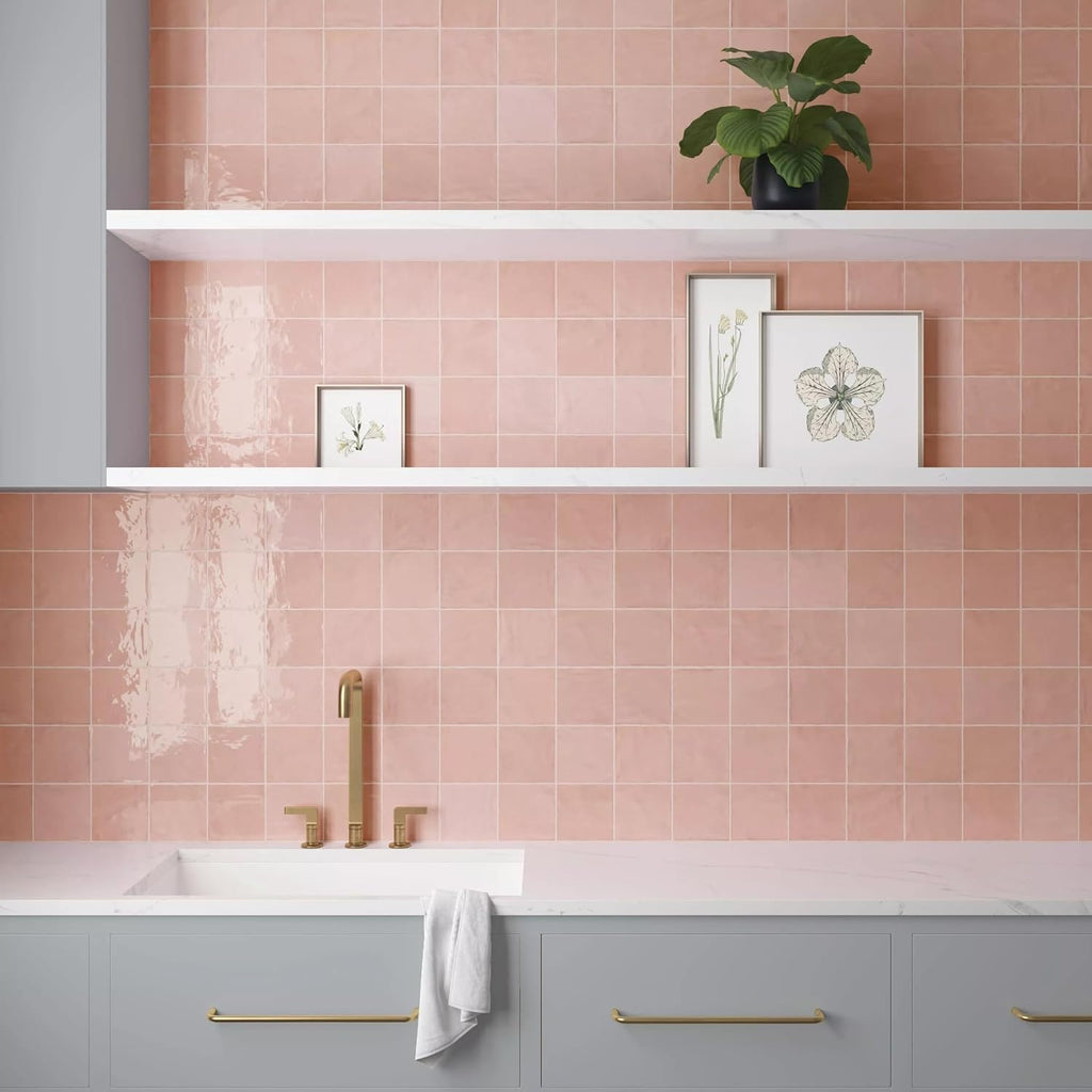 5x5 Glossy Pink Zellige Look Ceramic Wall Tile - Handmade Style Square Field Tile (4 Pieces)