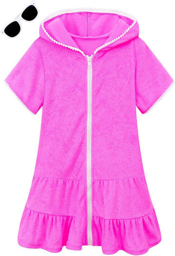 Girls Swim Cover Up Kids Swimsuit Coverup Terry Zip-Up Beach Bathing Suit Wraps with Sunglasses