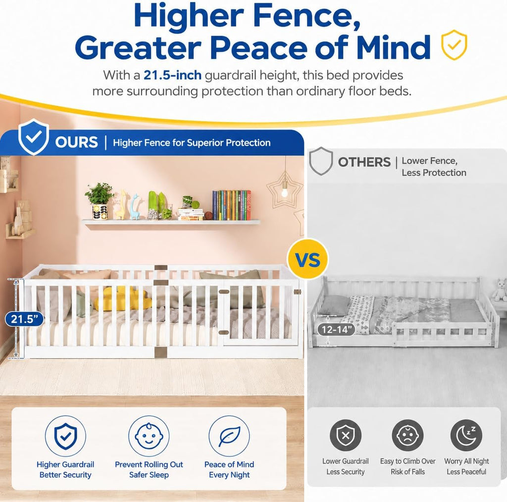 Montessori Floor Bed with High Safety Fence, Solid Rubber Wood Kids Floor Bed Frame with Guardrails and 6