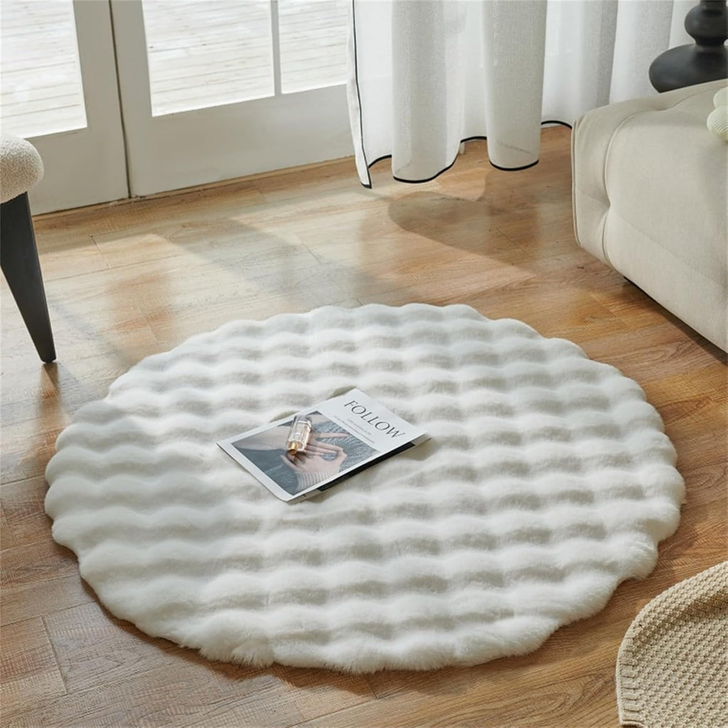 Faux Rabbit Fur Rug 4FT, White Fluffy Soft Area Rug Round Fuzzy Carpet, Machine Washable Shaggy Nursery Rug