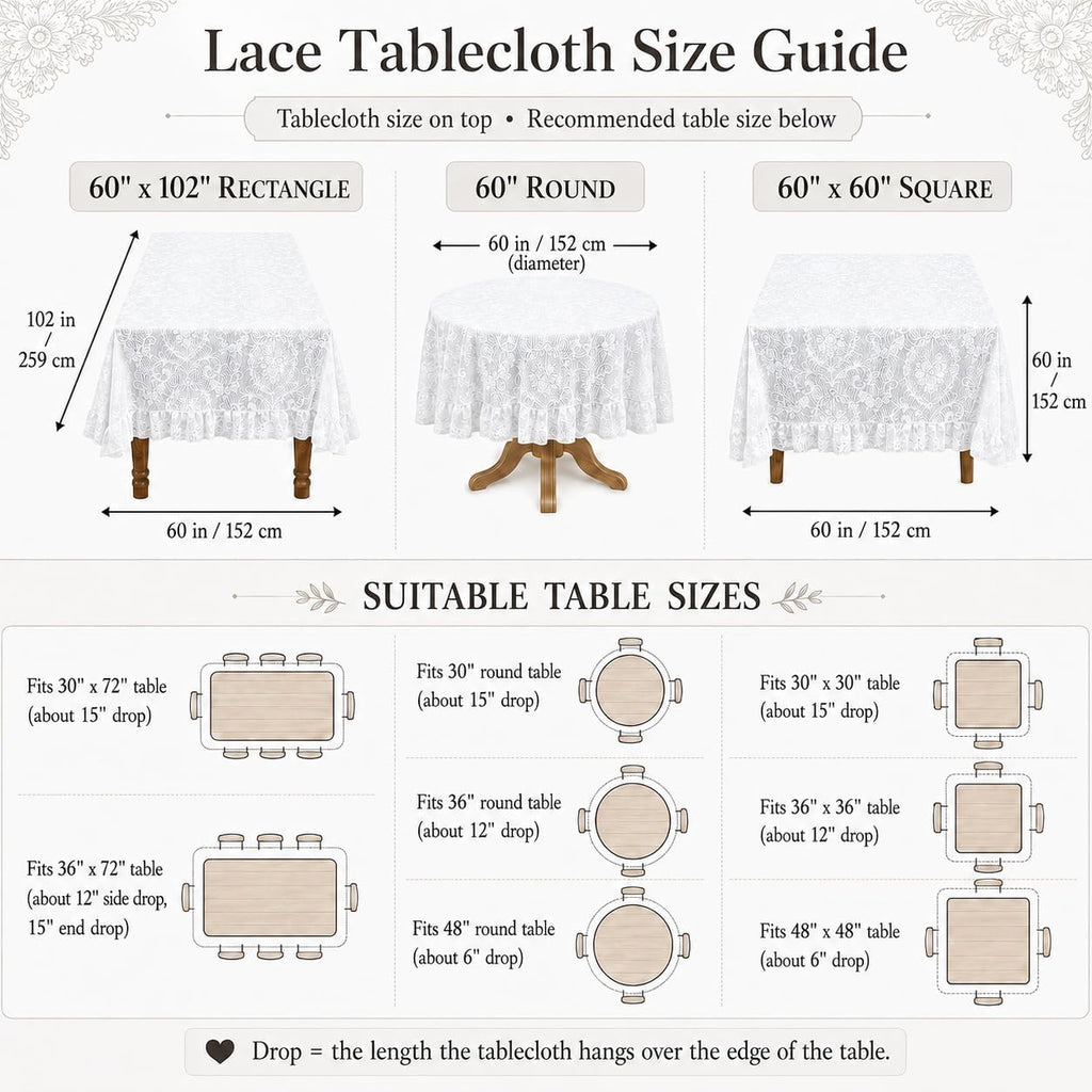 White Lace Tablecloth, Floral 60" Round Table Cloth