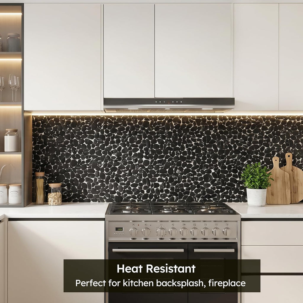 Pebble Tile for Shower Floor, Black Marble Veins Oval,Pebble Backsplash Bathroom Wall and Floor Tile