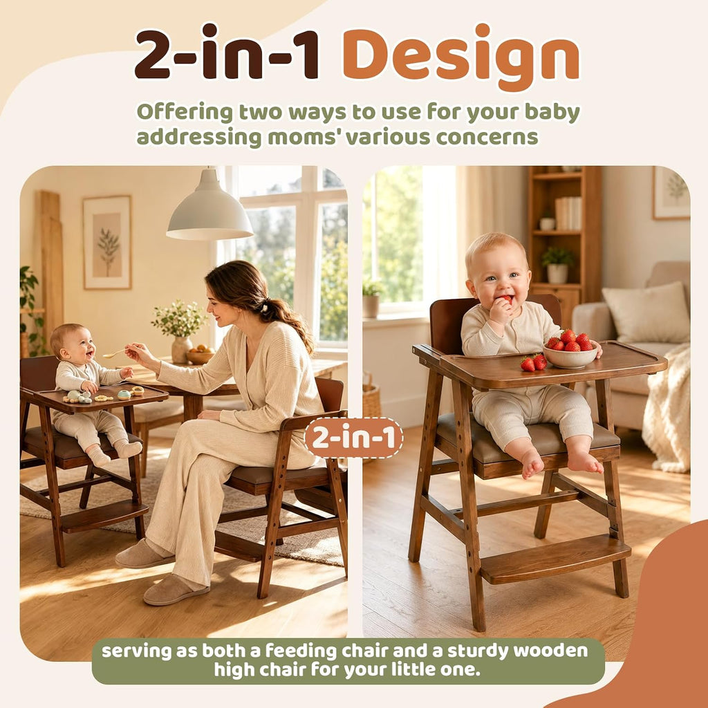 3-in-1 Wooden High Chair with Steps & Adjustable Tray for Baby Toddler | Ergonomic Design, Built-in Foot Steps, Easy