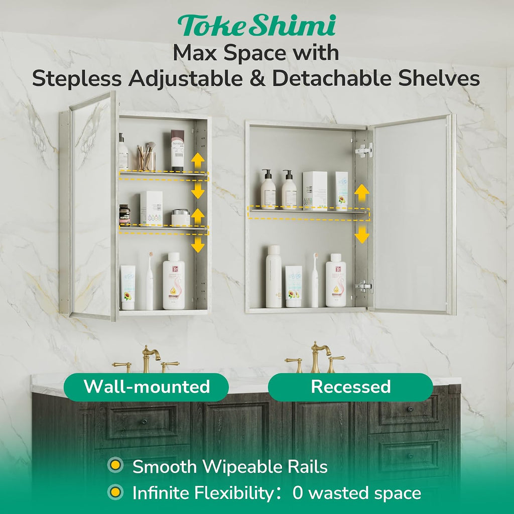 14 x 24 Brushed Nickel Recessed Medicine Cabinet with Mirror, Assembly Required, Bathroom Medicine Cabinet with