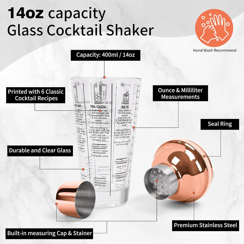 14oz Glass Cocktail Shaker Set, Margarita Mixer-Shaker with Built-in Strainer and Measuring Jigger & Mixing Spoon - Set of 3