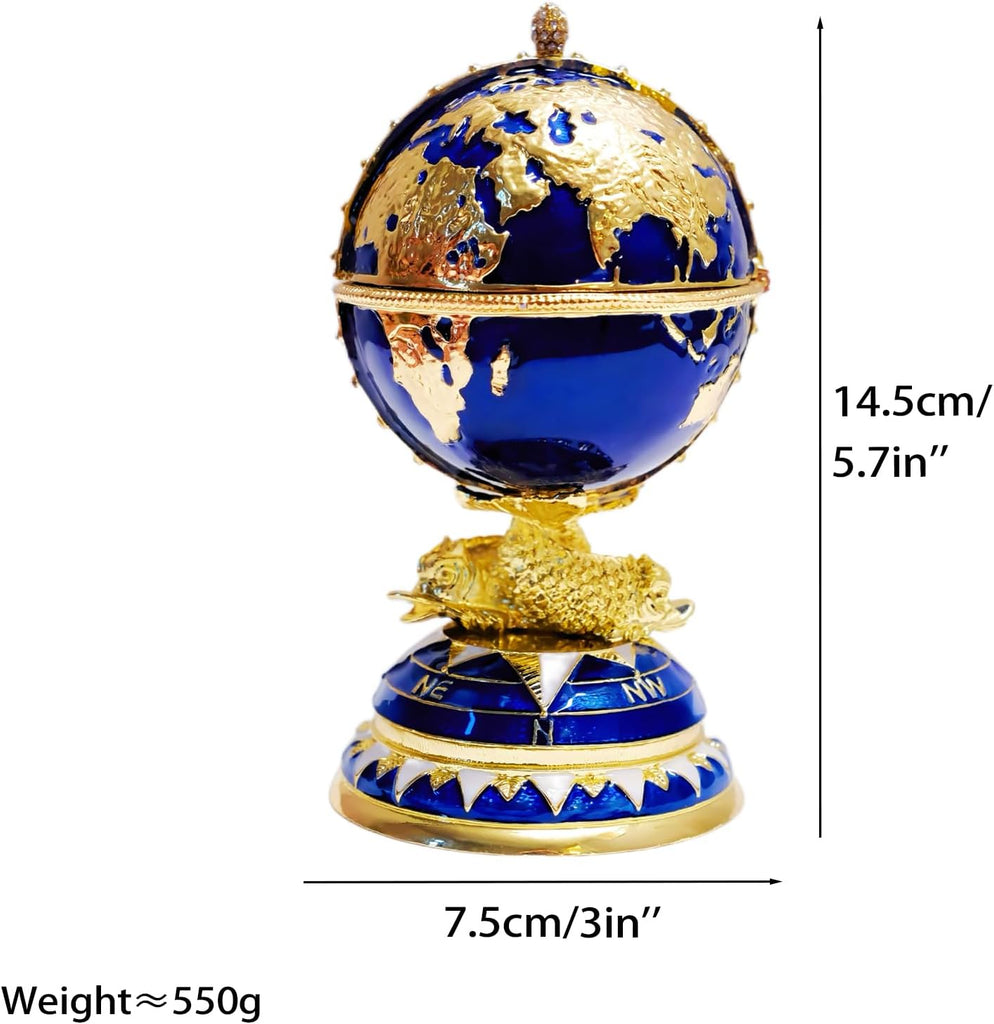Decorative Globe Jewelry Box, Blue and Gold Enameled Trinket Box, World Map Design