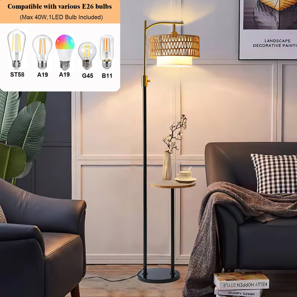 Dimmable Floor Lamp with Table and Marble Base, Arc Floor Lamp with Dimmable Bulb, Boho Farmhouse Standing lamp with
