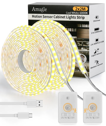 Rechargeable Motion Sensor COB LED Lights Strips, 2 Pack 6.56FT Motion Activated Under Cabinet LED Strip Lights
